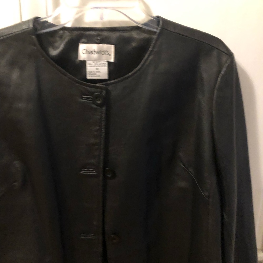 Black Leather Collarless Button Front Jackets Bar… - image 2